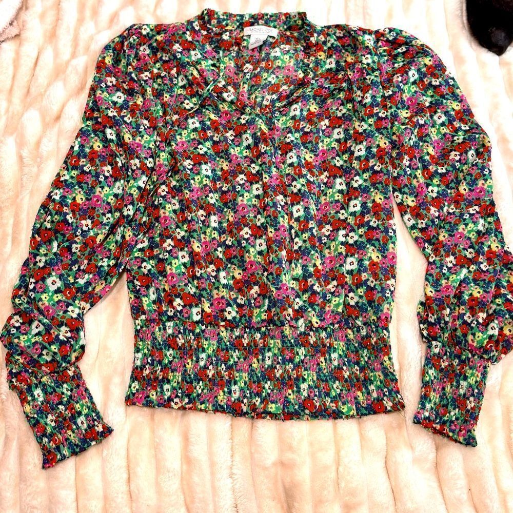 Rachel Zoe Green Floral V-Neck Tassel Tie Boho Peasant Blouse Women's M